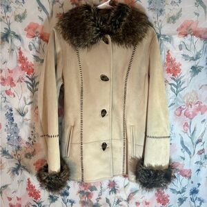 Vintage Women's Cream Faux Fur Trim Jacket